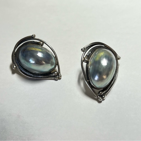 Vintage Sterling Silver and Peacock Mabe Pearl  Post earrings -Rare  Avi Soffer - Picture 5 of 14